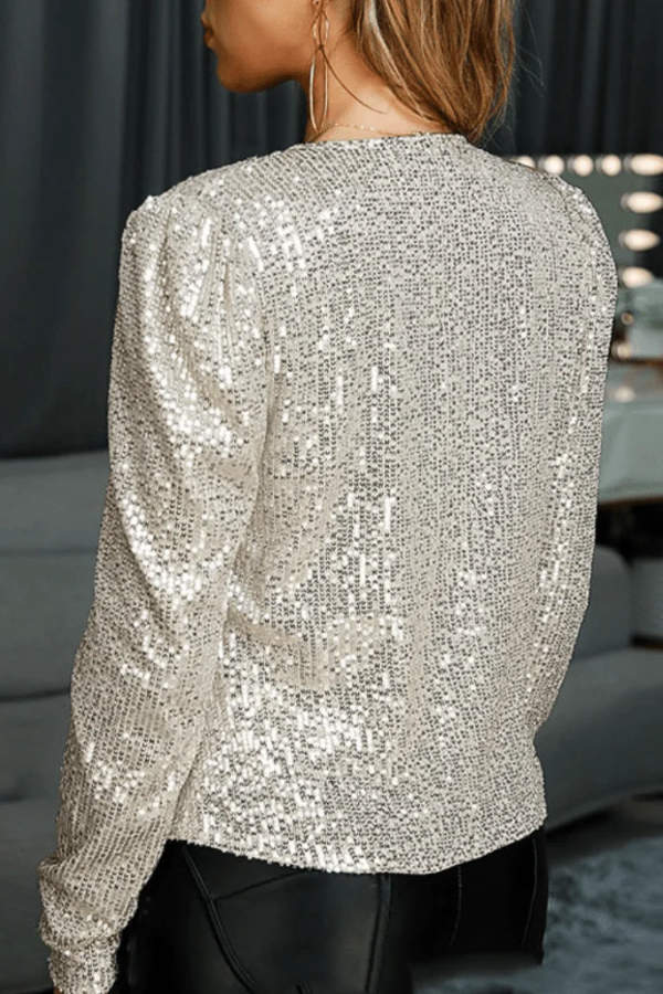 Silver sequin blazer for women, dazzling and shiny. Glamorous open-front party jacket.