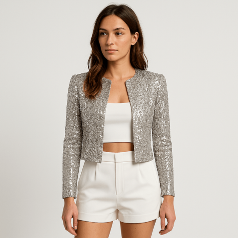 Women's shimmering sequin cropped blazer, perfect for evening wear & party outfits.