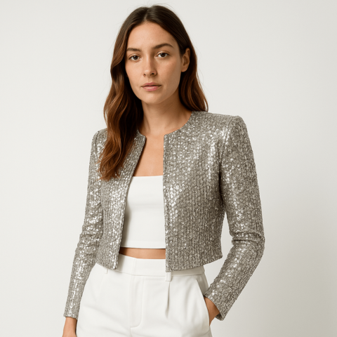 Glamorous women's sequin cropped blazer, a chic tailored jacket for special occasions.