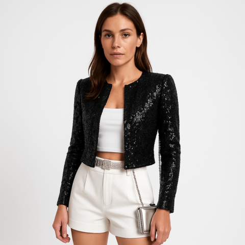 Shimmering sequin cropped blazer for women, an elegant jacket perfect for holiday styling.