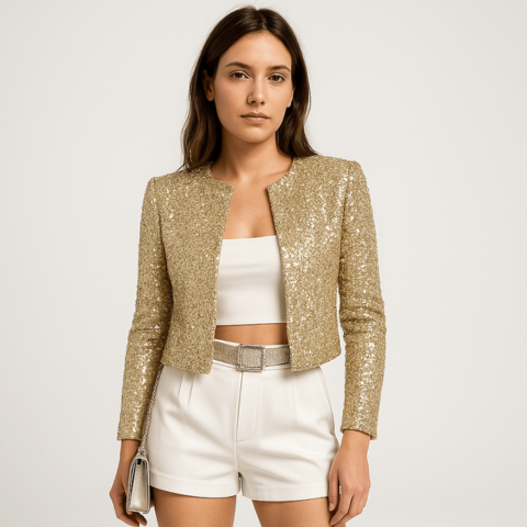 Chic women's tailored cropped blazer with all-over sequins, an elegant party outfit staple.
