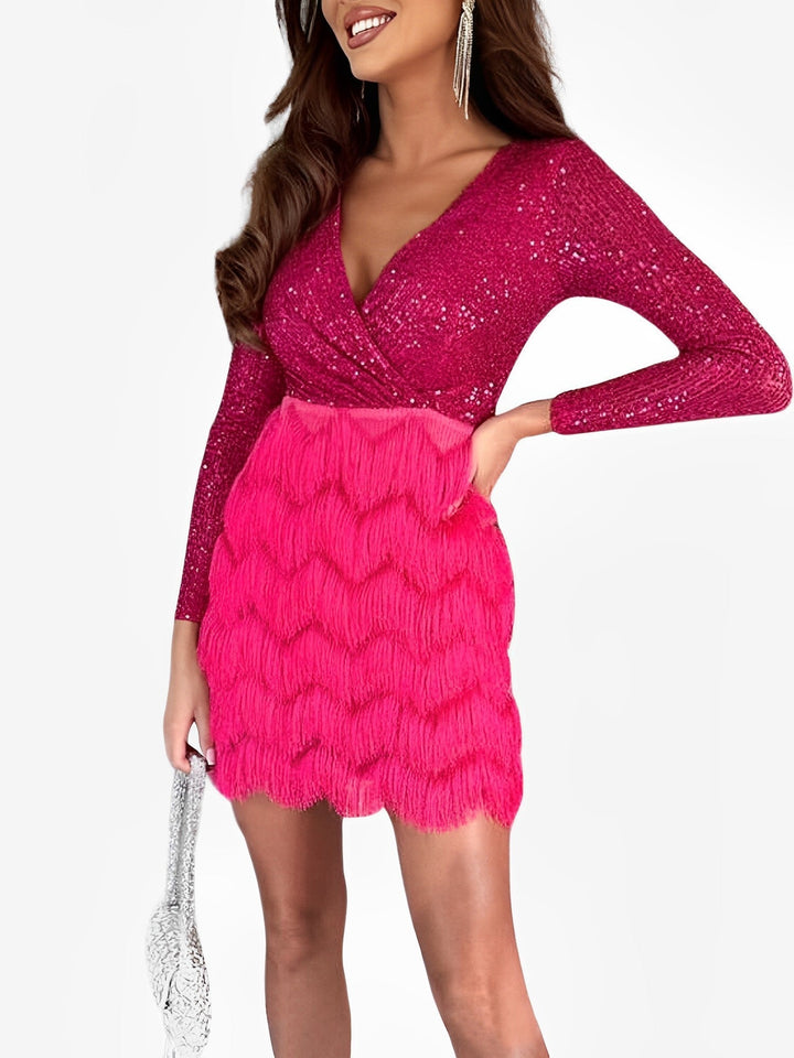 Elegant V-neck sequin fringe long sleeve mini dress, perfect for homecoming, cocktail parties & evenings.