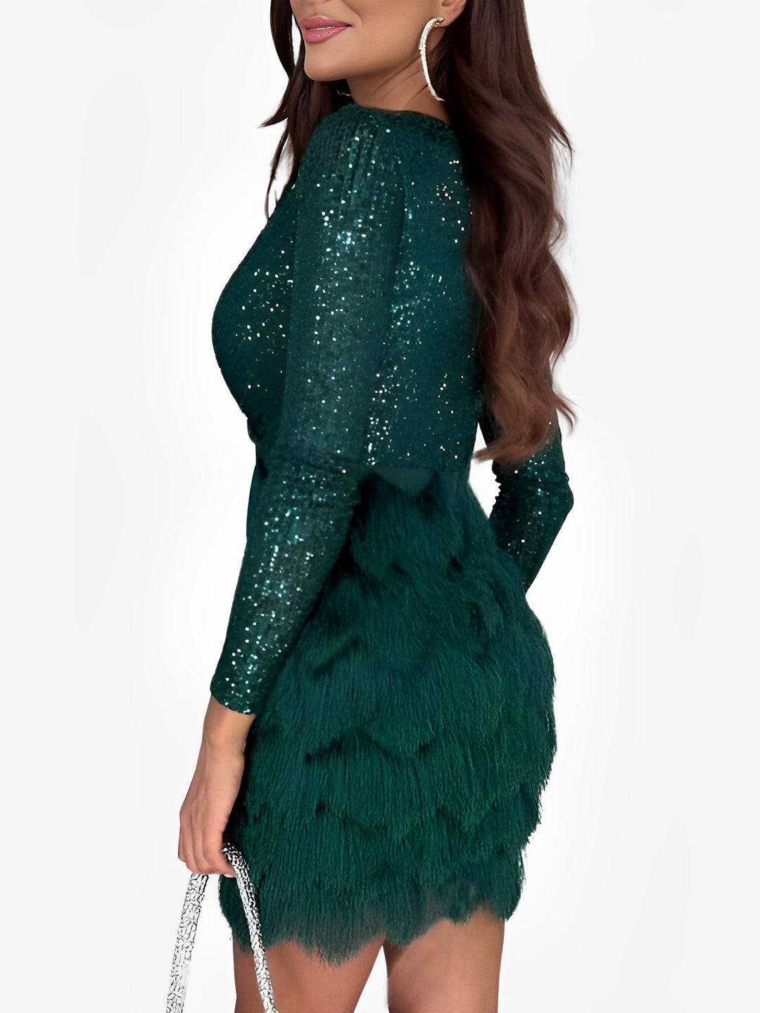 Elegant long sleeve sequin fringe mini party dress, perfect as a homecoming or evening cocktail dress.