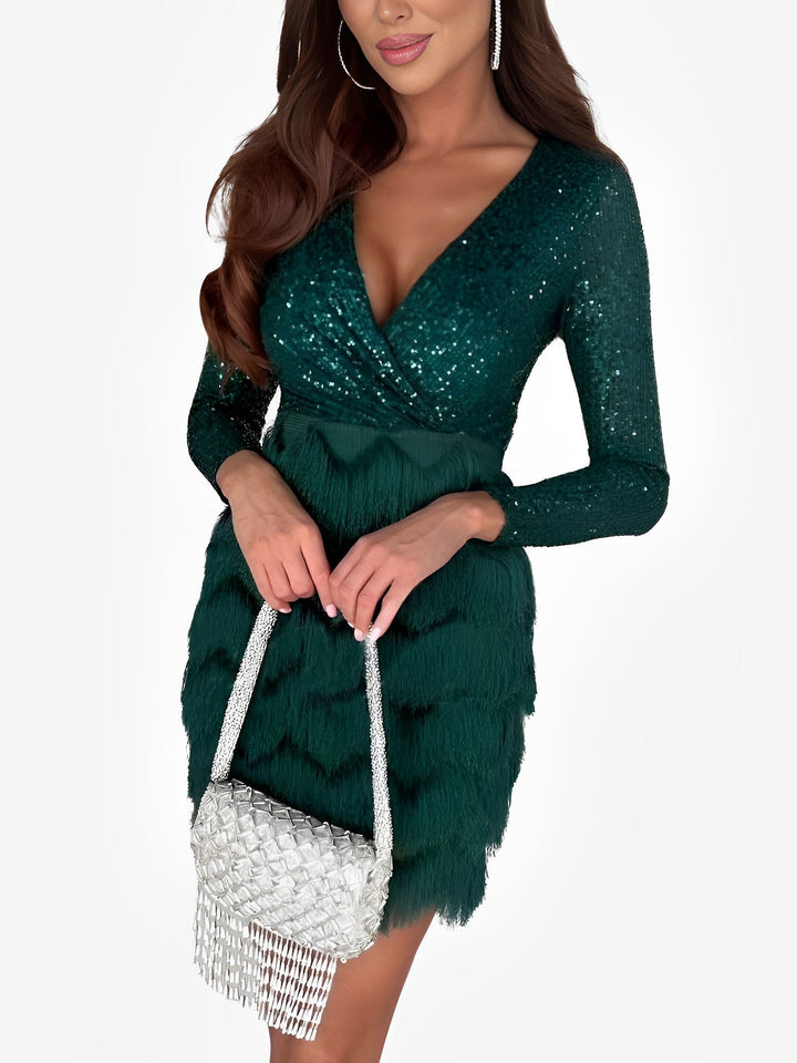 Women's sparkling long sleeve sequin & fringe homecoming mini dress, a chic party & evening choice.