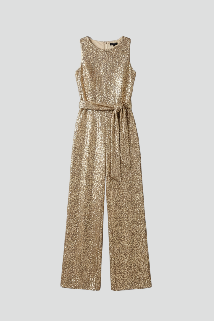 Women's shimmering sequin straight leg jumpsuit, perfect for elegant evening parties & special occasions.