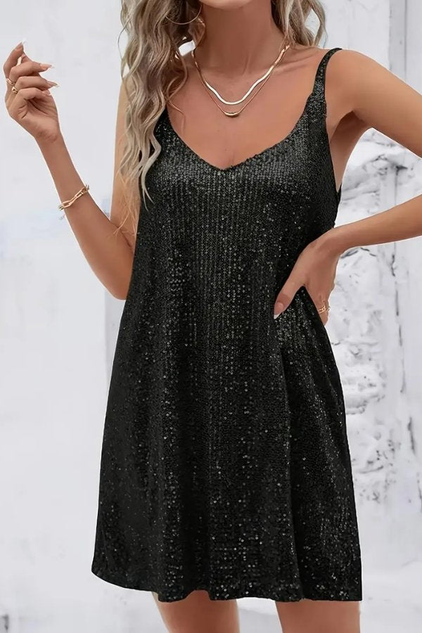 Elegant & festive women's sequin V-neck mini dress, ideal for glamorous evening parties & celebrations.