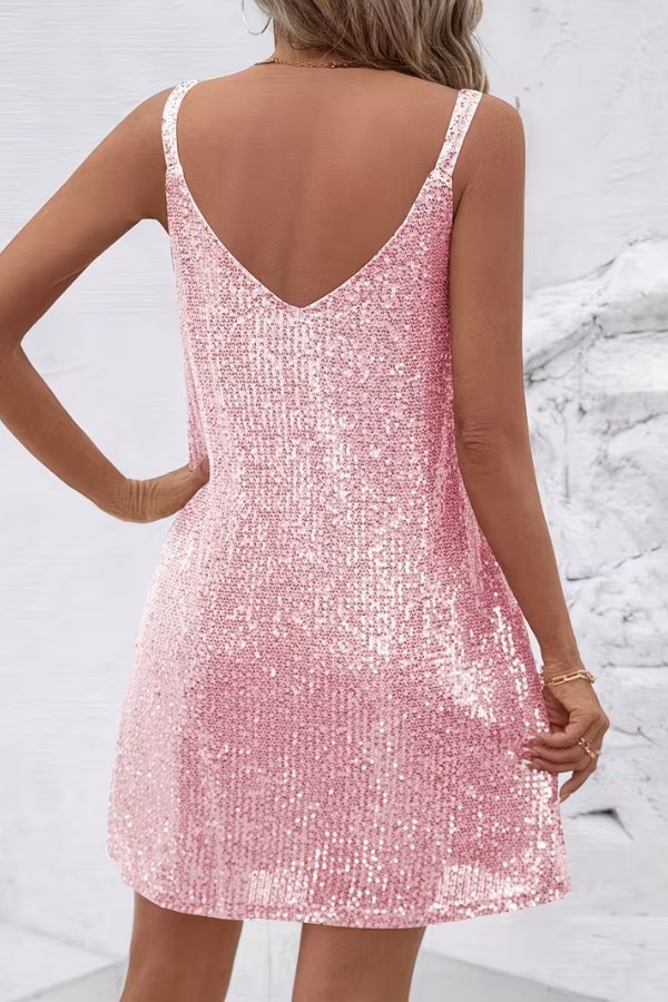 Festive sparkling sequin mini party dress with elegant V-neck. Women's special occasion wear. Shimmer & shine!
