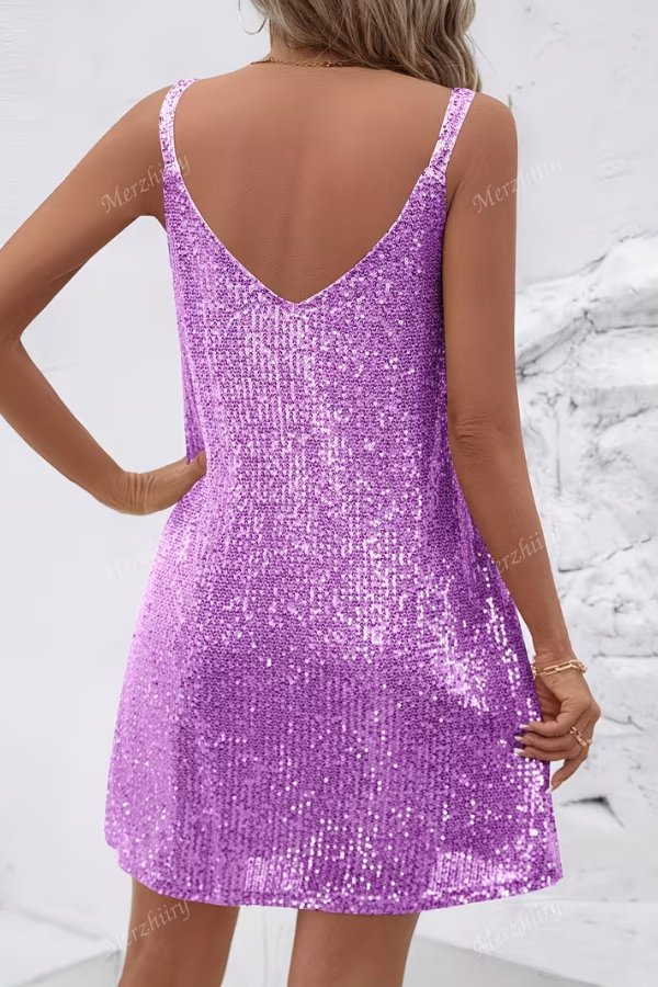 Sparkling sequin mini dress with a V-neck, designed for women's glamorous evening wear & special occasions.