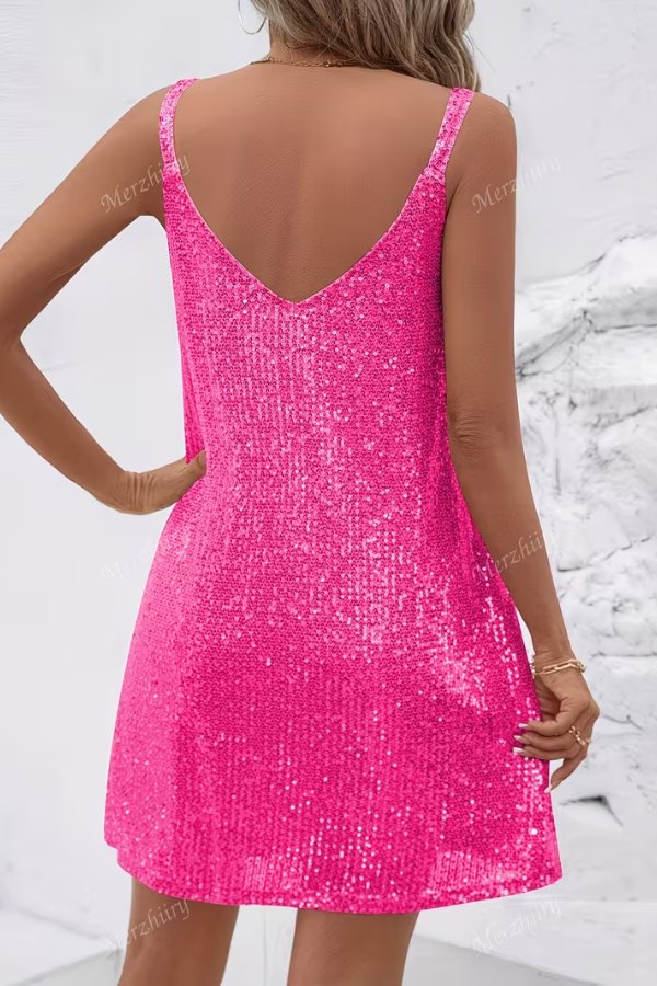 Sparkle in this glamorous women's sequin V-neck mini cocktail dress. Ideal for festive evening parties.