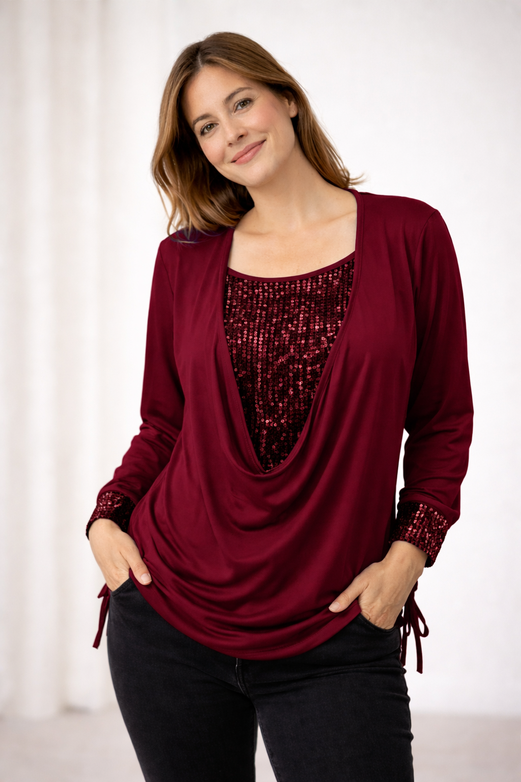 Glamour women's sequined party top with a chic draped neckline & long sleeves. Shimmering for special occasions.
