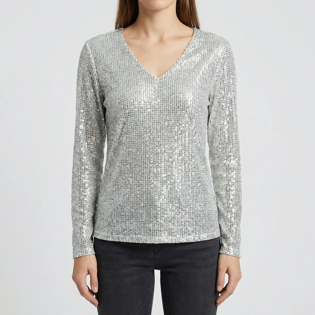 Elegant black long sleeve V-neck shimmer blouse for women, perfect for evening events or office fashion.