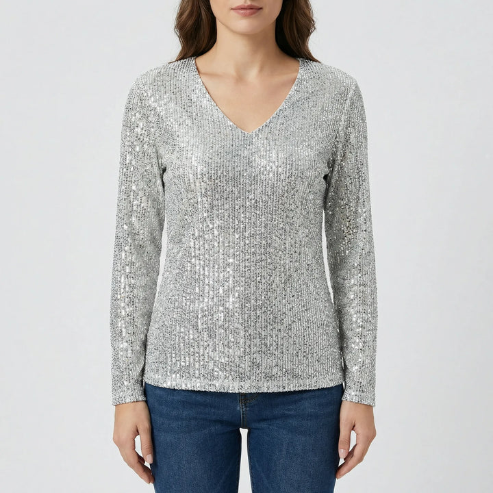 Stylish women's Lana long sleeve V-neck shimmer top, a versatile blouse for fashion-forward women.