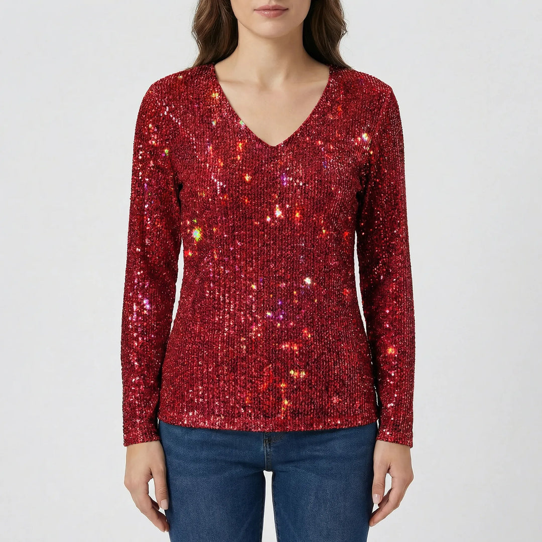 Chic red shimmery V-neck blouse for women, long sleeve and elegant, ideal for party wear.