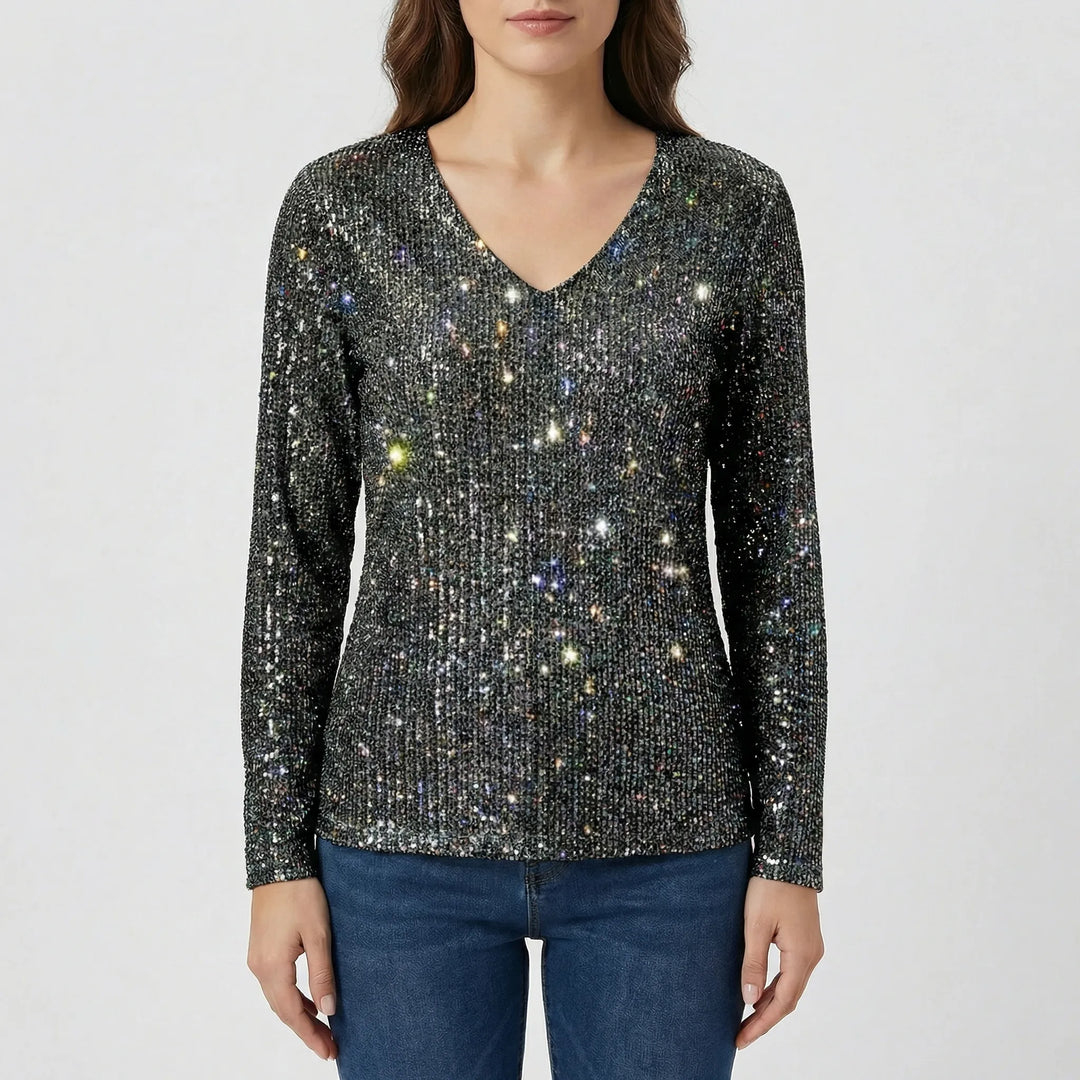 Graceful gray long sleeve V-neck shimmer top, an elegant women's blouse for versatile styling.