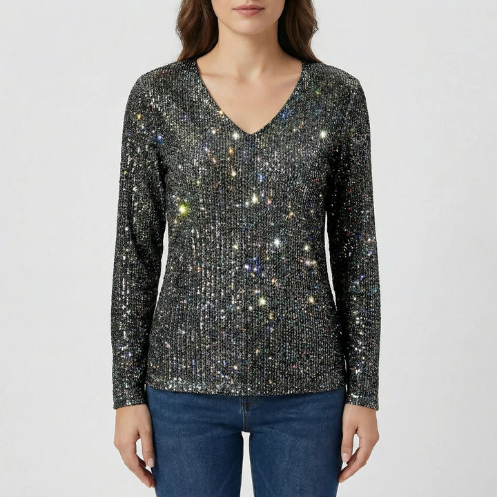 Graceful gray long sleeve V-neck shimmer top, an elegant women's blouse for versatile styling.