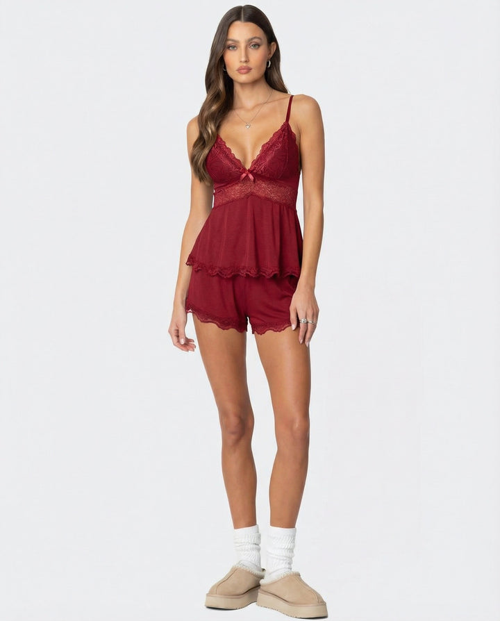 Delicate lace trim short pajama set for women. Comfortable & stylish sleepwear, perfect for loungewear.