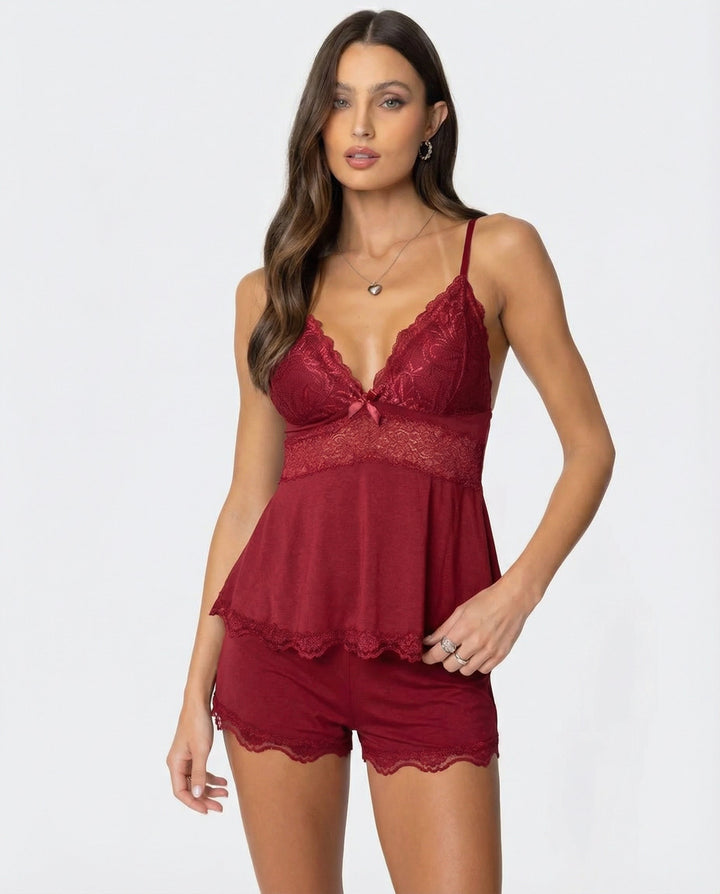 Delicate lace short pajama set for women. Soft and comfortable loungewear, ideal for home wear.
