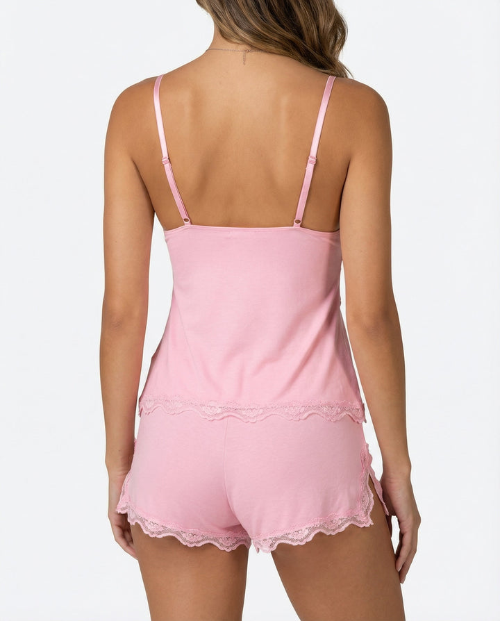 Soft women's short lace sleep set. Breathable and comfortable pajamas, perfect for warm nights.