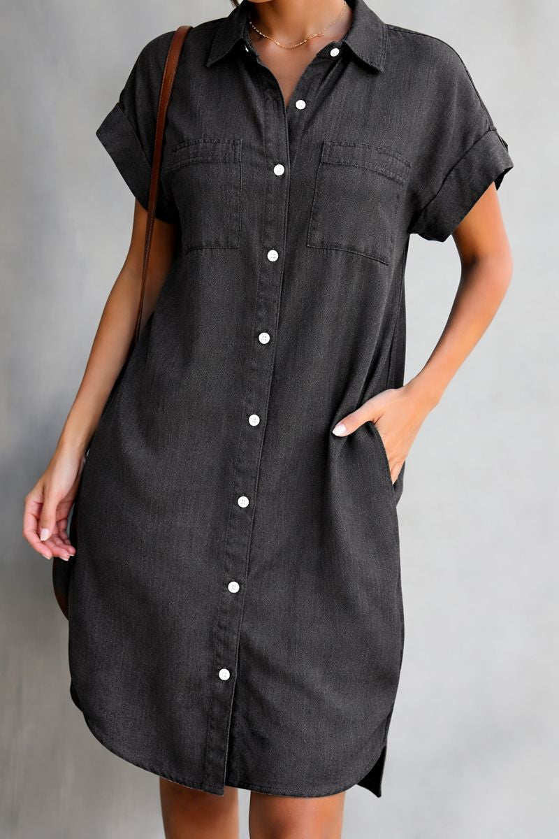 Versatile women's short sleeve relaxed fit dress in blue or grey. Ideal for casual everyday wear & summer.