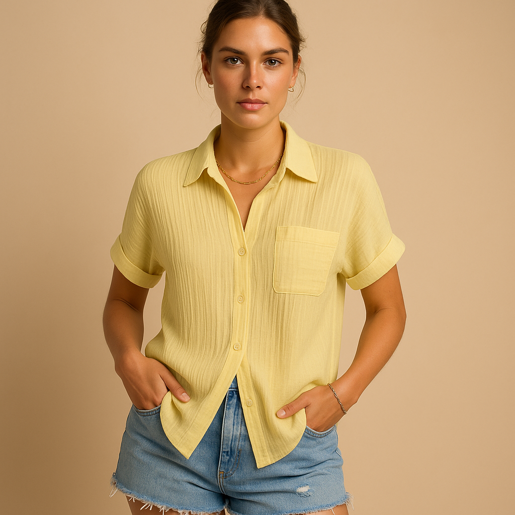 Everyday women's short sleeve casual top with a classic button-down design and functional chest pocket.