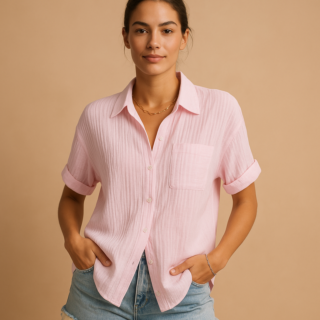 Lightweight women's short sleeve blouse, a comfy summer shirt with a relaxed fit and single front pocket.