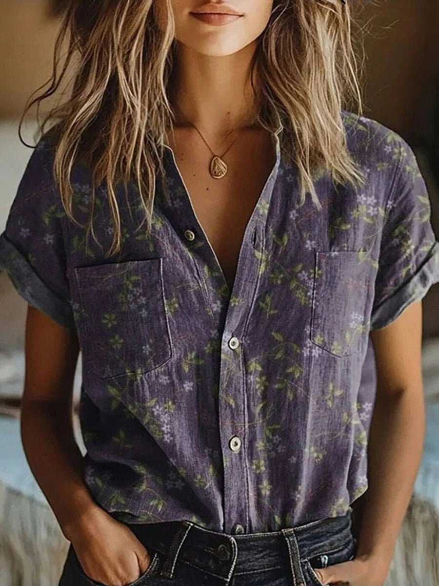 Women's short sleeve floral vintage blouse with lapel collar, perfect for spring & summer casual chic.
