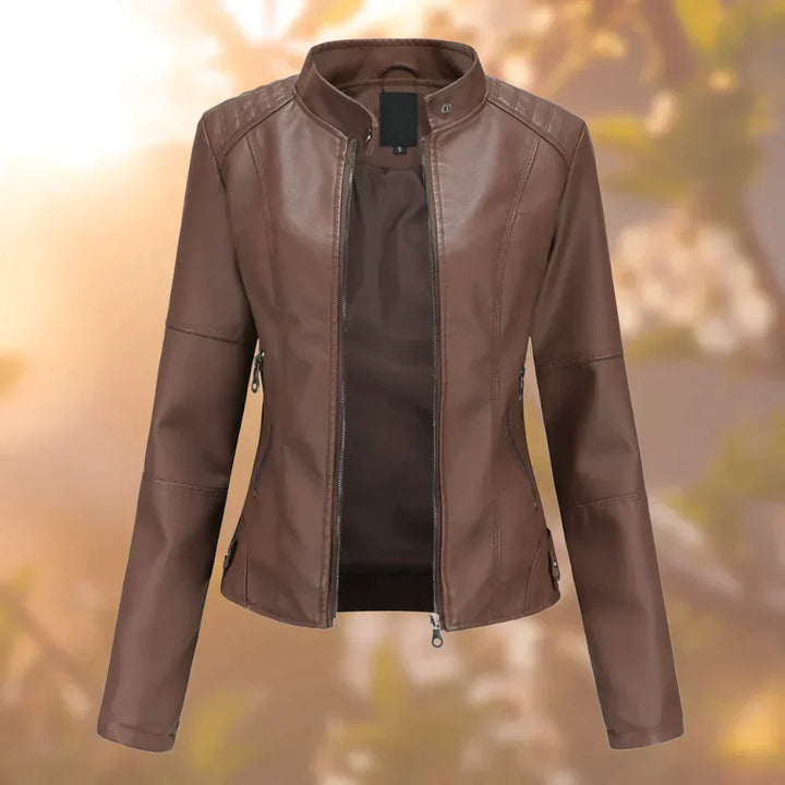 Stylish brown women's biker jacket, offering edgy fashion and everyday comfort. Versatile outerwear.