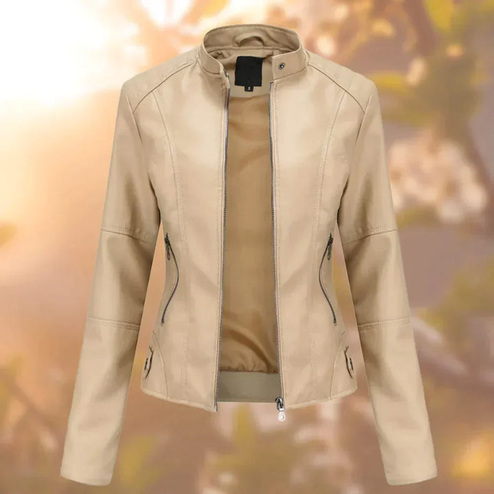 Sleek women's black biker jacket, versatile outerwear for an edgy, stylish look. Everyday comfort fashion.