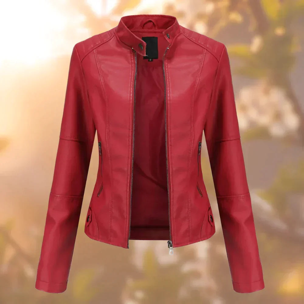 Women's edgy biker jacket, combining sleek style with everyday comfort. Versatile black fashion outerwear.