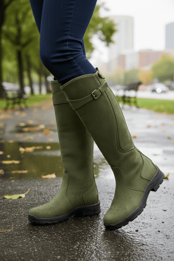 Women's sleek knee-high boots with stable sole, perfect for modern urban comfort and fall style.