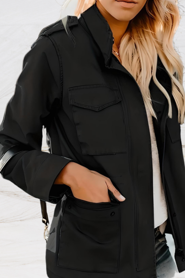 Elegant black open front blazer jacket for women, ideal for workwear or casual fashion layering.