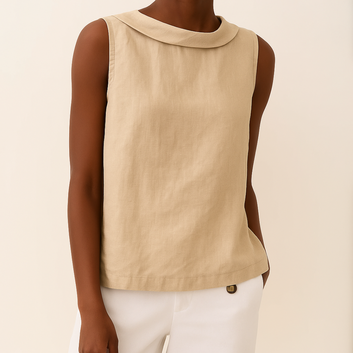 Lightweight ladies sleeveless blouse, round neck design. Ideal for relaxed fit summer fashion and casual style.