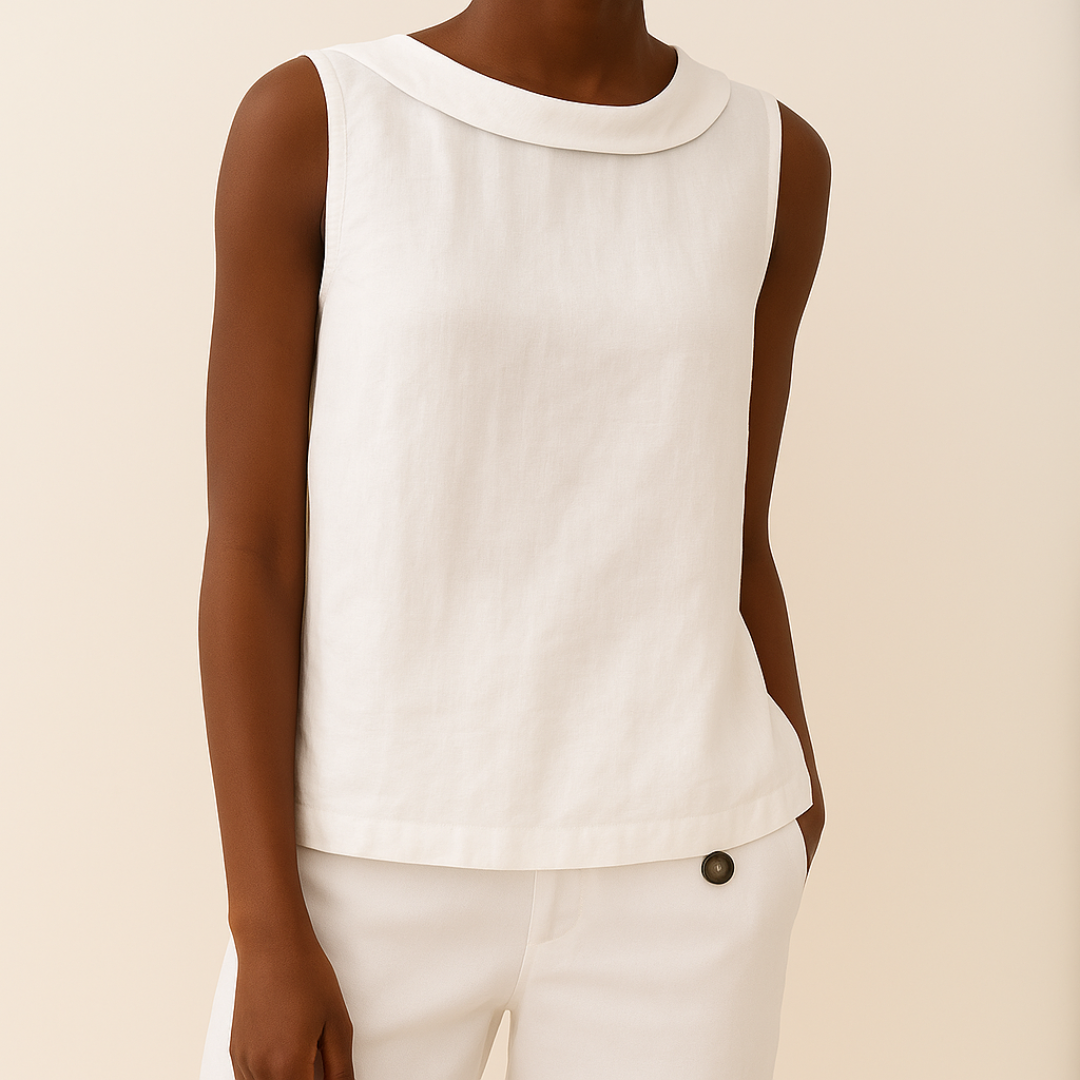 Elegant round neck sleeveless blouse for women. A chic, versatile top perfect for various casual occasions.