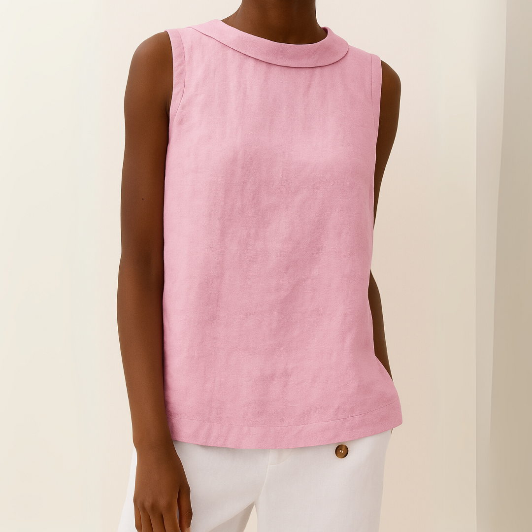 Simple women's sleeveless blouse with a round neck. A minimalist, relaxed fit top for casual summer fashion.