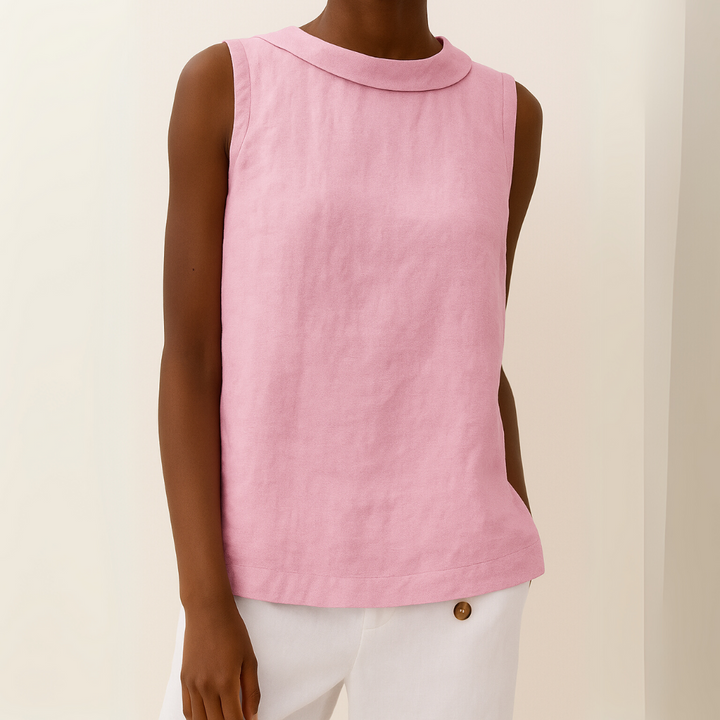 Simple women's sleeveless blouse with a round neck. A minimalist, relaxed fit top for casual summer fashion.