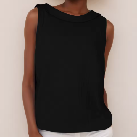 Modern women's sleeveless top, round neck. An essential casual wear blouse for a chic and relaxed everyday look.