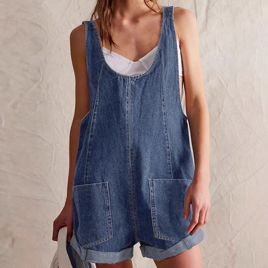 Comfortable sleeveless denim romper for women. Perfect one-piece with pockets for a casual summer look. Light & dark.