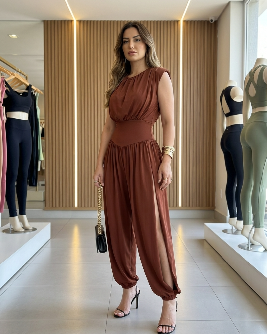 Women's sleeveless jumpsuit with cinched high waist and stylish balloon legs, perfect for fashion-forward occasions.