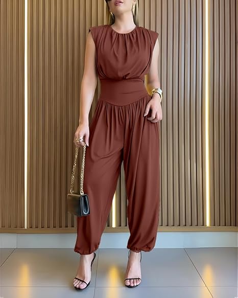 Chic women's cocktail party romper, sleeveless with a cinched high waist and elegant balloon leg silhouette.