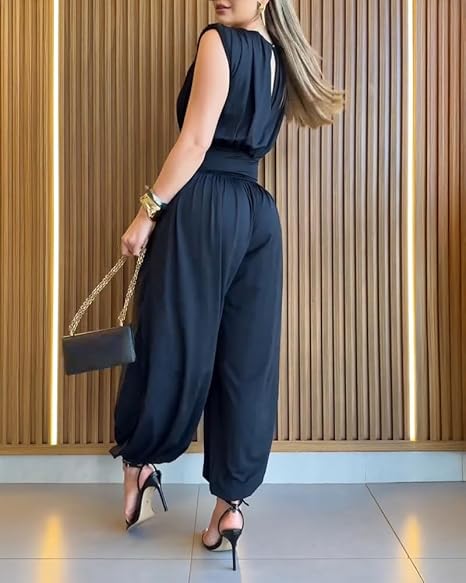 Stylish women's sleeveless fashion jumpsuit, an elegant one-piece with a high waist and balloon leg.