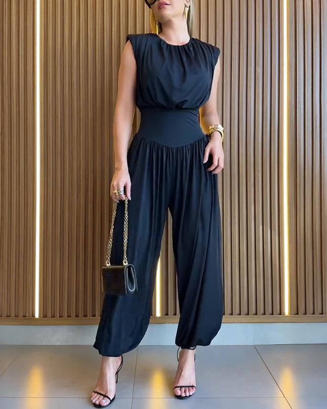 Women's occasion wear sleeveless jumpsuit, featuring a cinched high waist and flowy balloon legs for comfort.