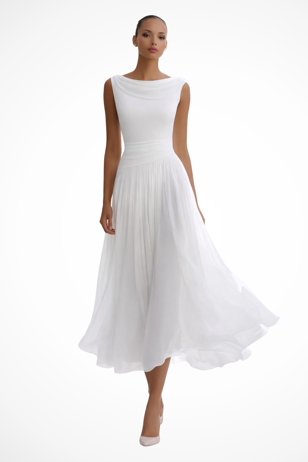 Women's sleeveless midi dress with a flowing A-line silhouette. Ideal for elegant summer or special occasion wear.
