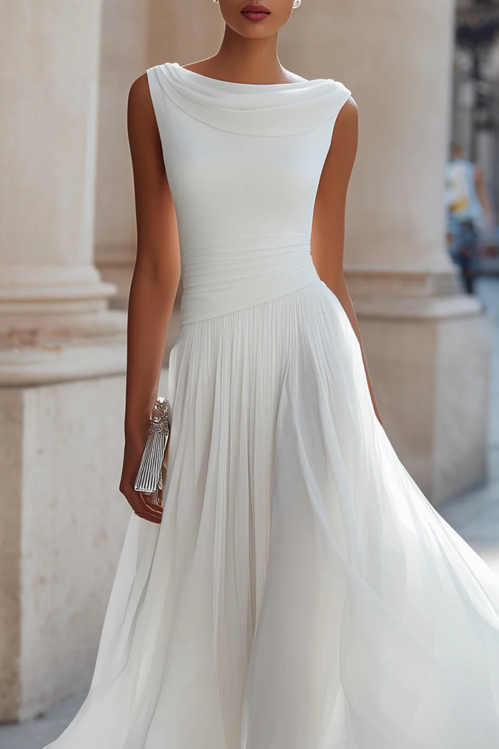 Elegant women's sleeveless A-line midi dress. Perfect formal wear, party dress, or chic wedding guest attire.