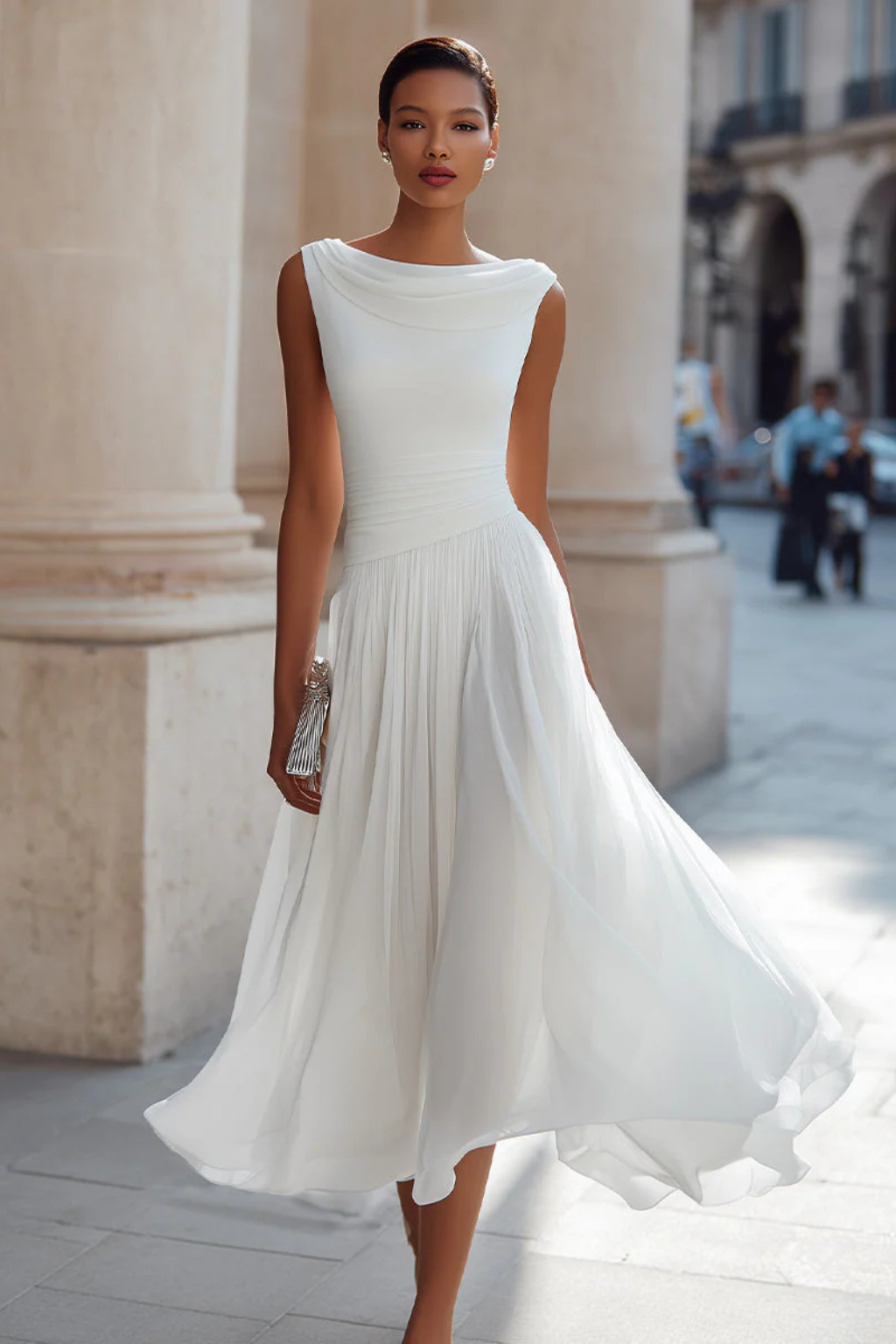 Versatile women's flowing sleeveless A-line midi dress. Ideal for formal, party, vacation, or wedding guest attire.