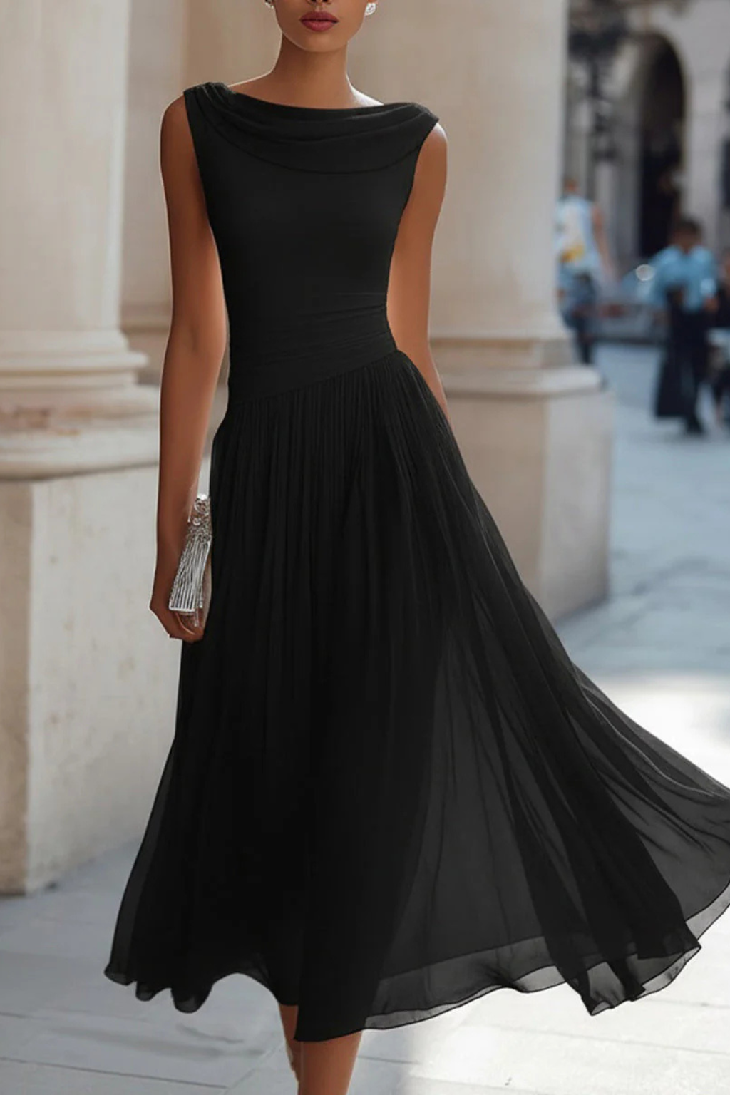 Flattering women's sleeveless A-line midi dress. Elegant flowy design for formal events, parties, and wedding guests.