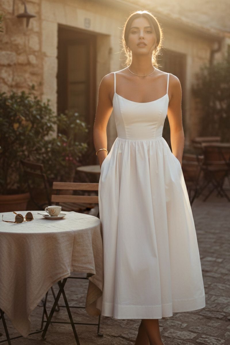 Women's sleeveless scoop neck midi cocktail dress. Elegant fit & flare formal party wear for special occasions.