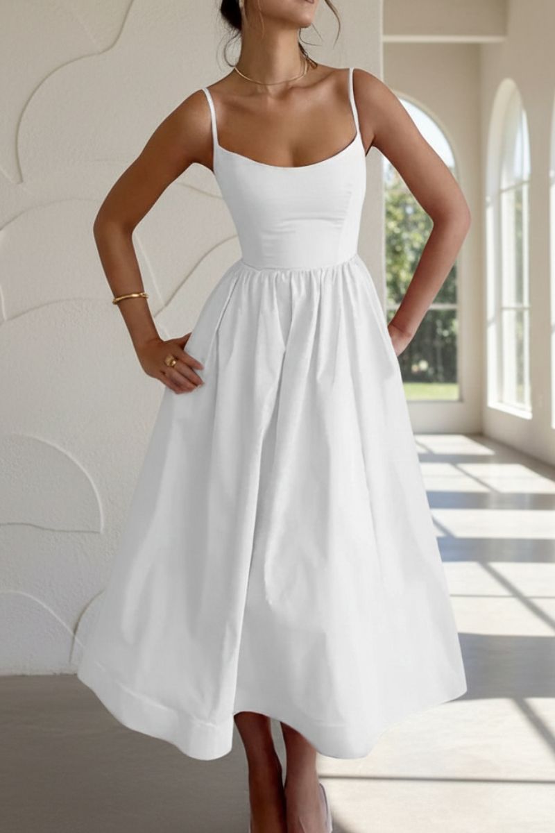 Elegant women's fit & flare midi cocktail dress with scoop neck. Perfect sleeveless formal wear for evening events.