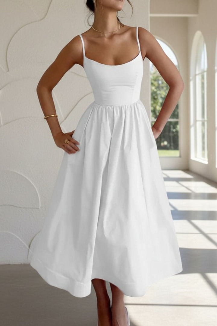 Elegant women's fit & flare midi cocktail dress with scoop neck. Perfect sleeveless formal wear for evening events.