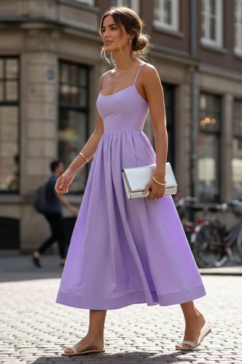 White women's sleeveless midi cocktail dress. Timeless scoop neck formal evening wear for weddings & parties.