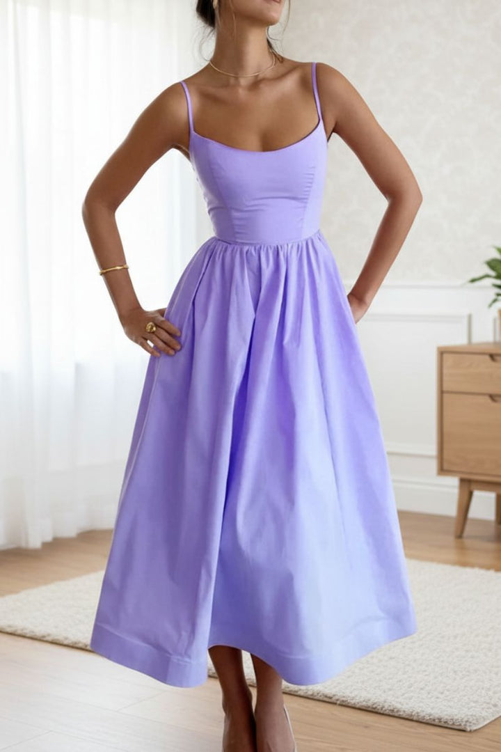 Stunning purple women's sleeveless scoop neck midi dress. Elegant fit & flare formal party dress for evening.